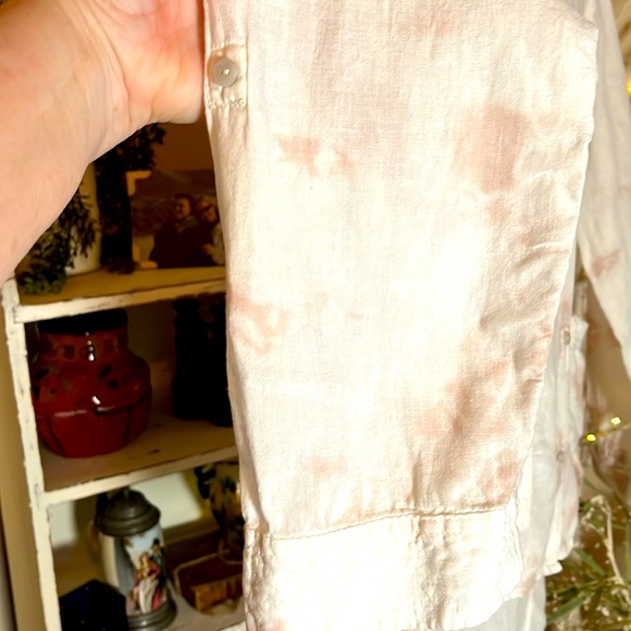 Racheal Zoe M  100% linen.White w/taupe tie-dye print.Roll tab sleeves,hi/low - Picture 5 of 7